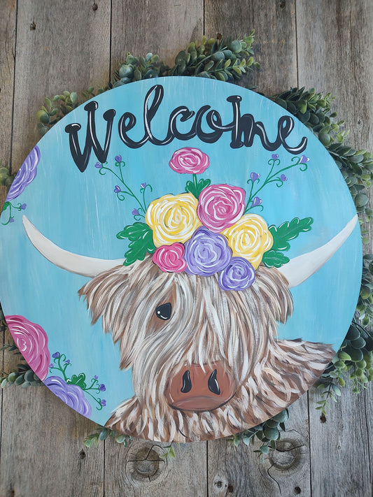 Highland Cow Spring/Summer Flowers Door Hanger