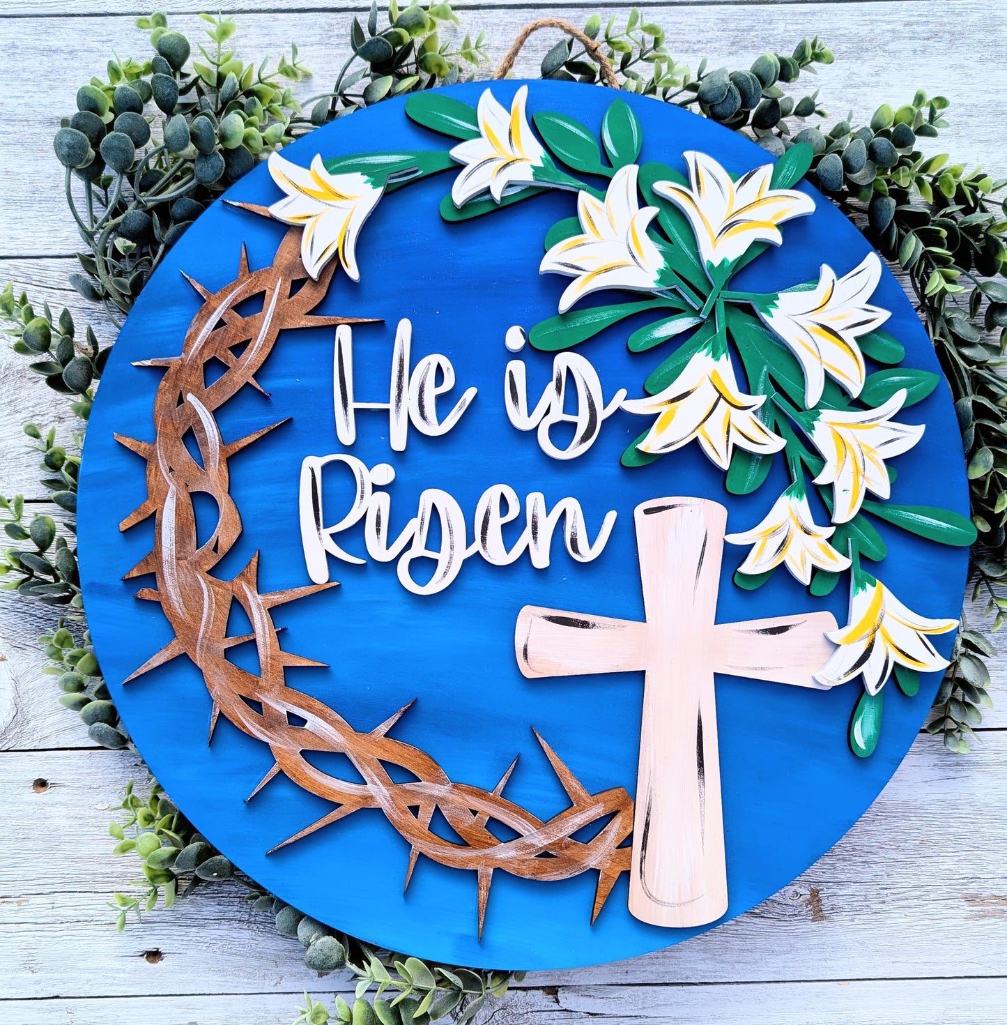 Blue and White He is Risen Laser Cut Wood Easter Door Hanger – Easter Decor – Creations by Ranell