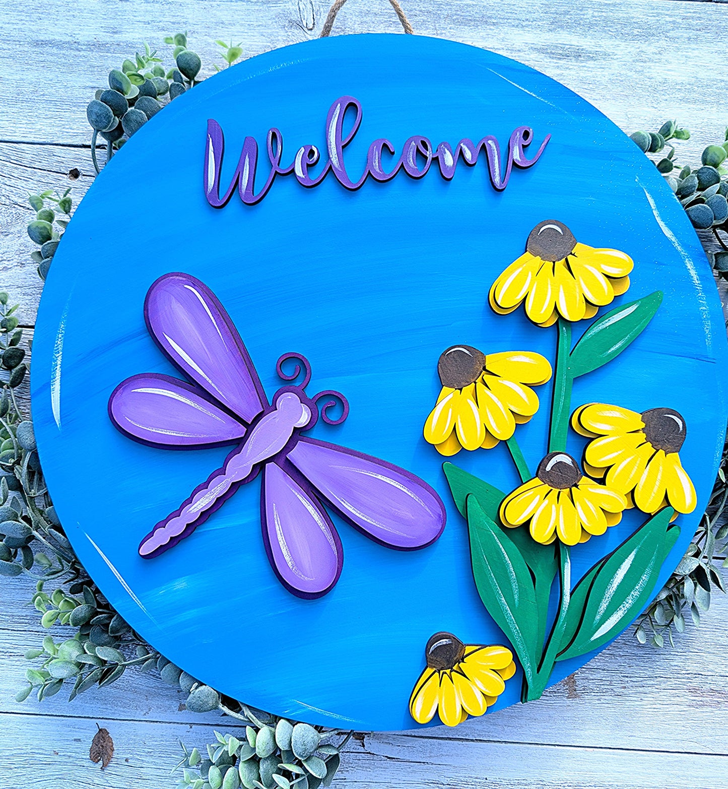 Purple Dragonfly Laser Cut Wood Door Hanger - Front View on Table – Spring Summer Home Decor – Creations by Ranell