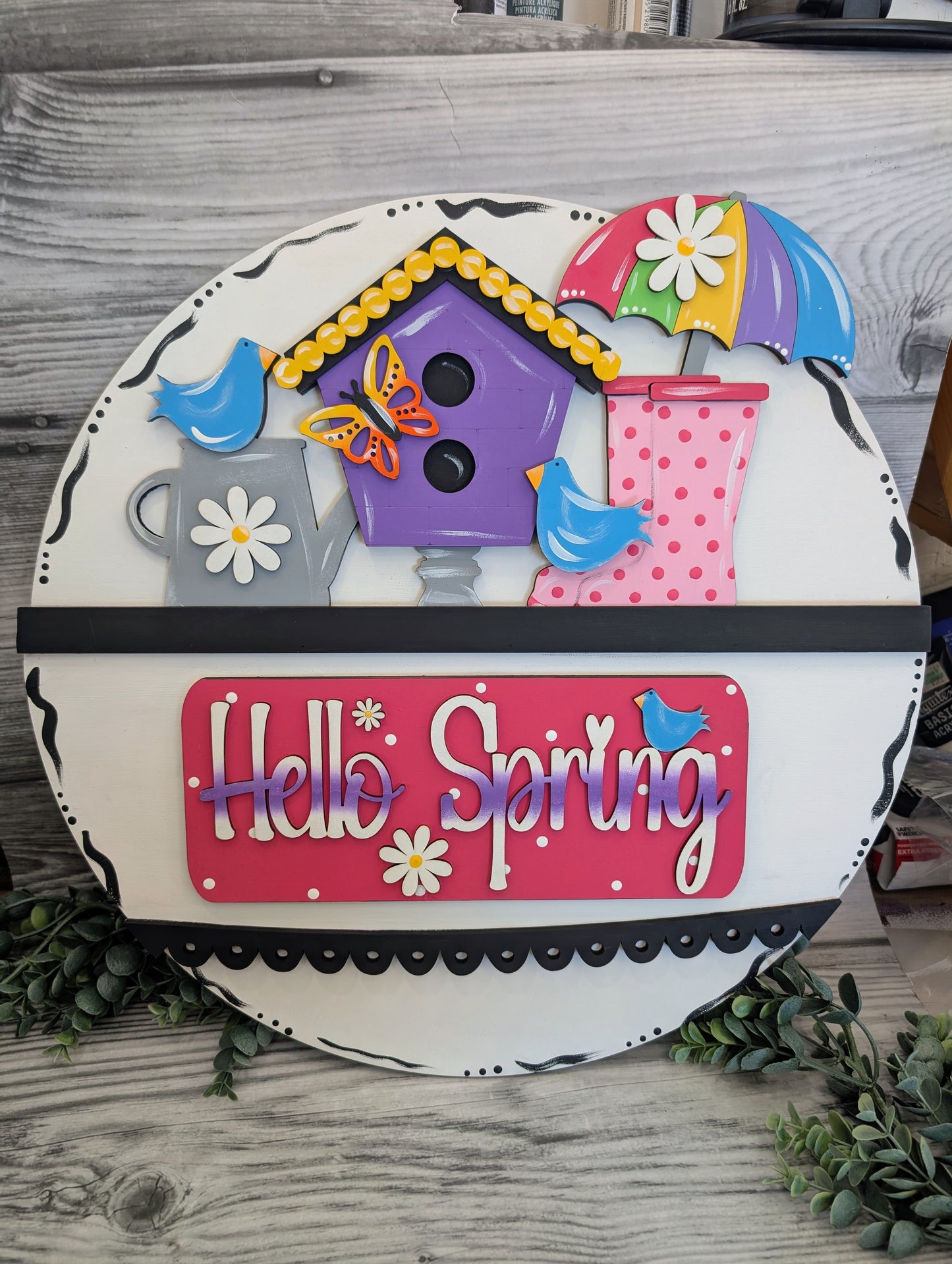 Large Spring Birdhouse Laser Cut Wood Truck Insert - White Round Door Hanger – Interchangeable Spring Decor – Creations by Ranell