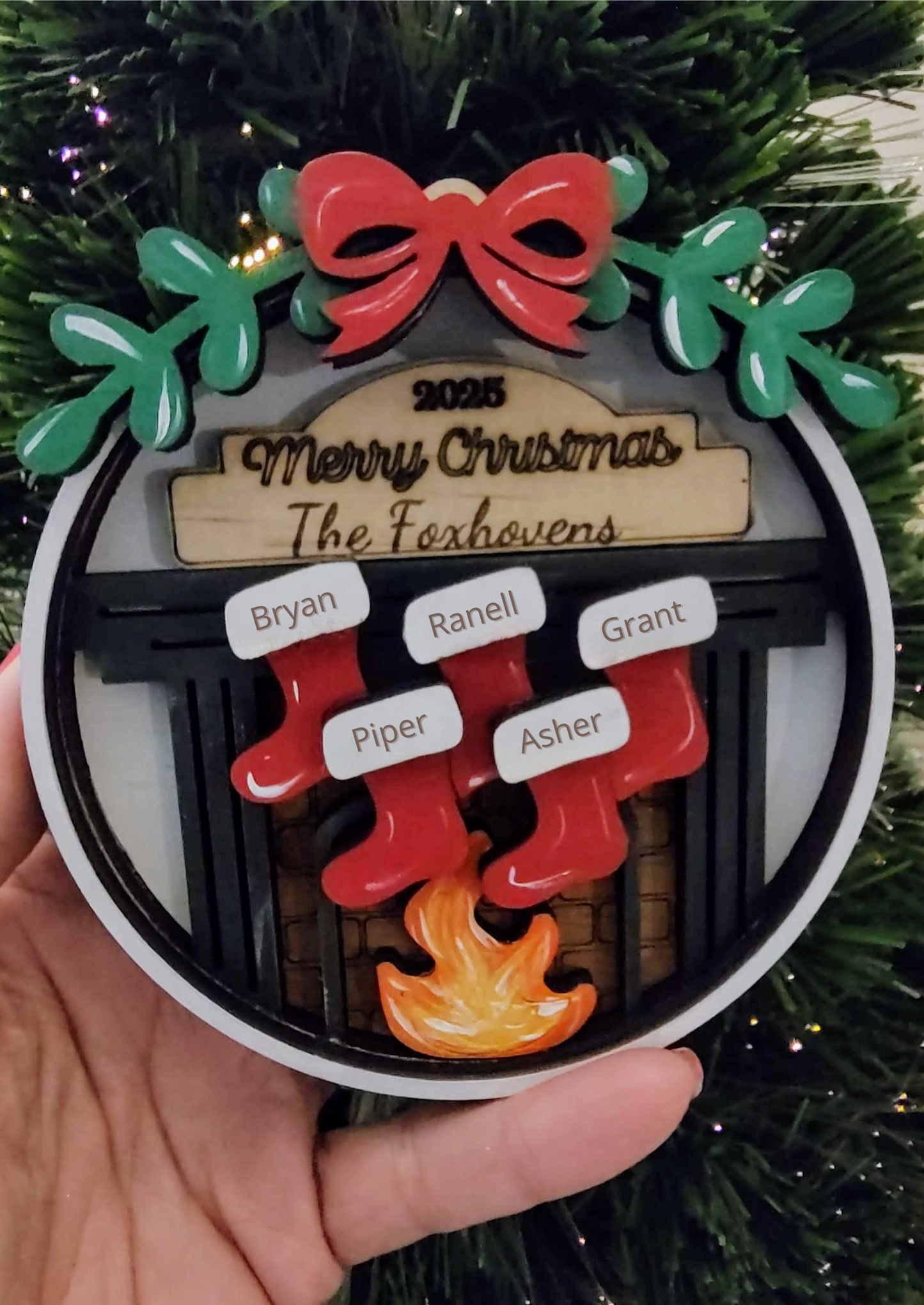 Personalized Family Christmas Ornament – Fireplace Stockings | 2–12 Names