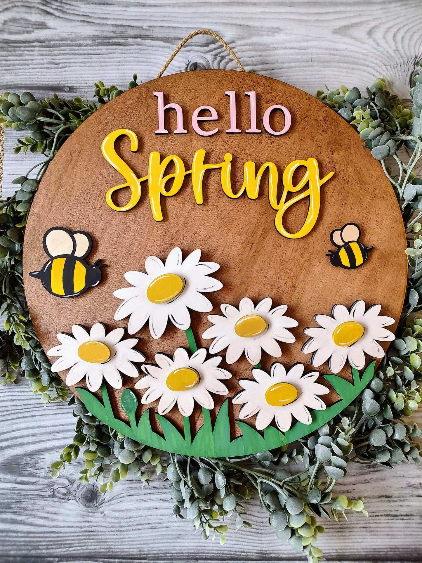 Hello Summer daisy bee door hanger. Colorful spring/summer welcome sign. Hand painted, unique flower door/wall decor.