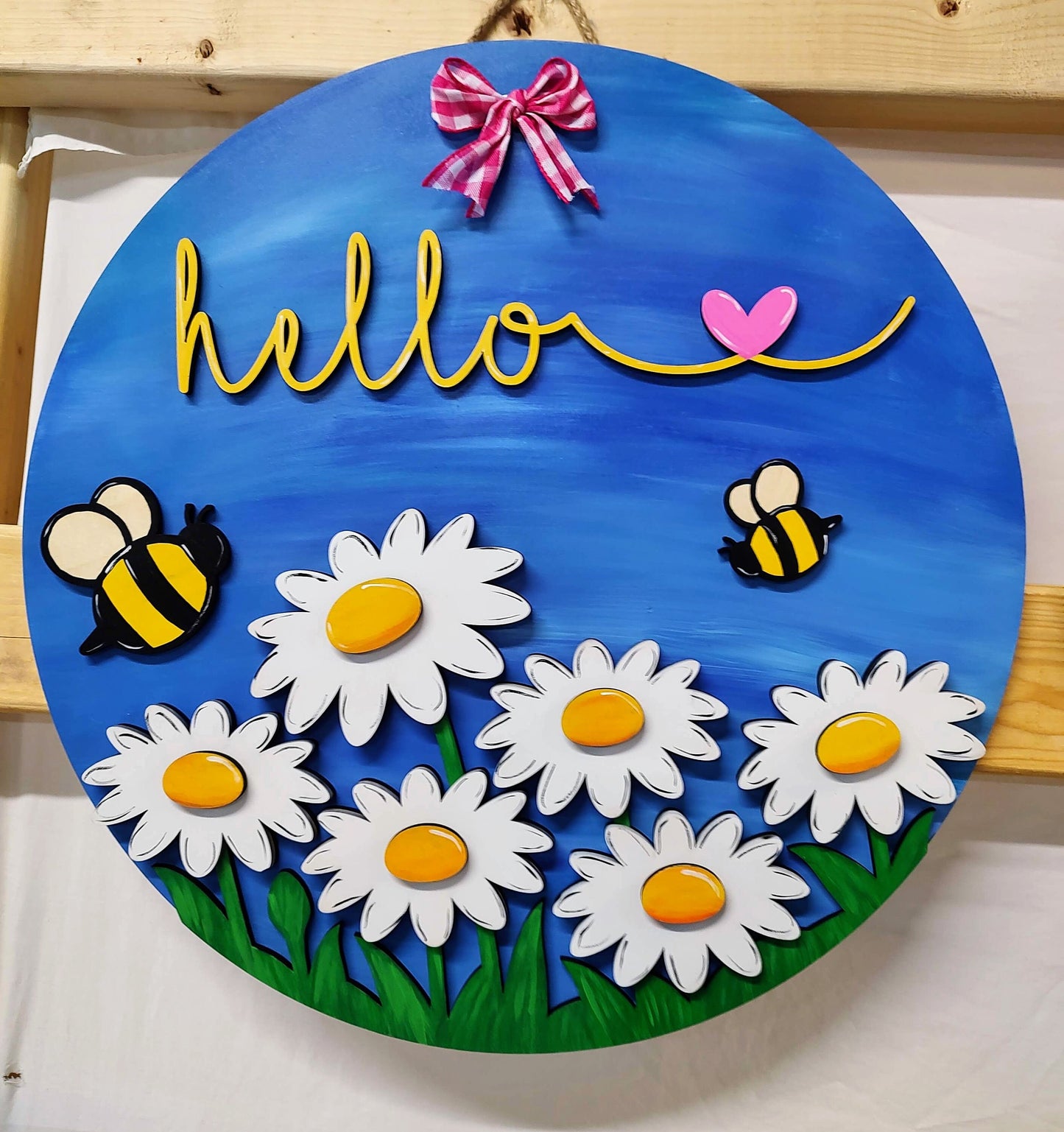 Hello Summer daisy bee door hanger. Colorful spring/summer welcome sign. Hand painted, unique flower door/wall decor.