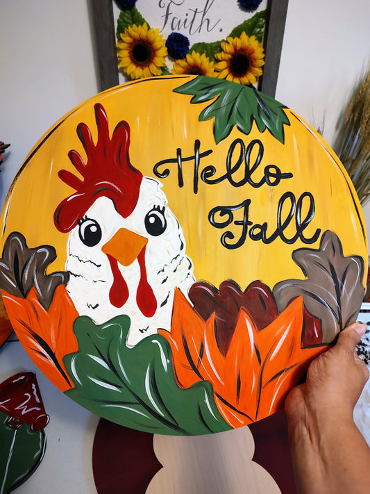 Fall chicken door hanger/sign. Hand-painted, colorful, fun, and bright chicken in fall leaves sign.