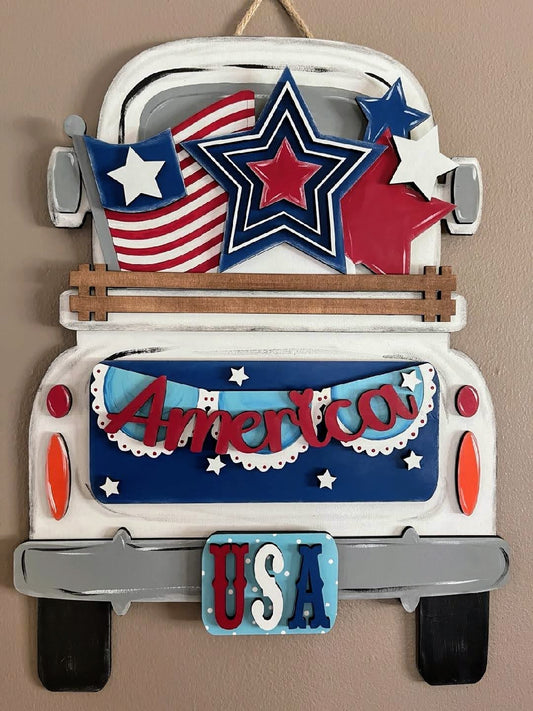 Small Patriotic Laser Cut Wood Truck Insert – Front View - Hanging - 4th of July Interchangeable Decor – Creations by Ranell