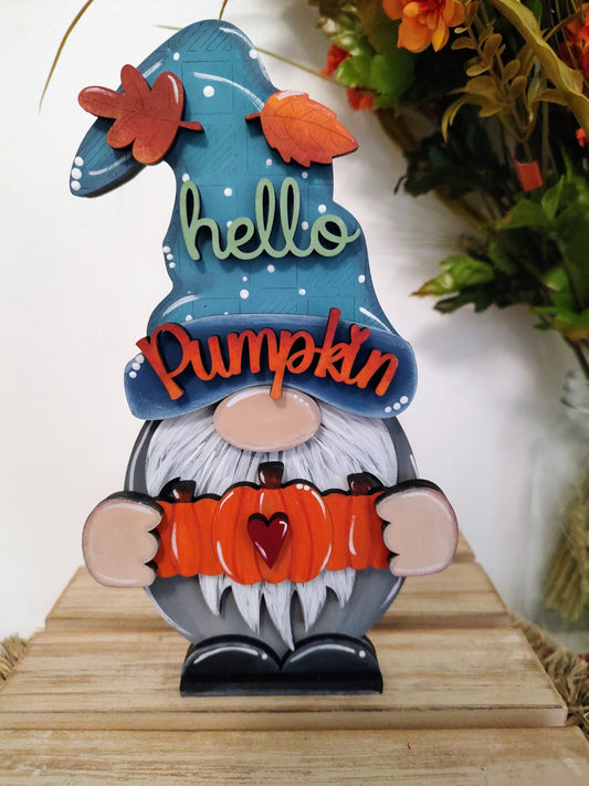 Hello Pumpkin Fall Gnome Door Hanger, Porch Decor, or Shelf Decor