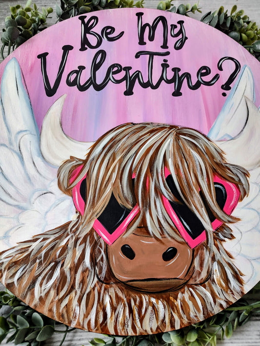 Be My Valentine Cupid Highland Cow Door/Wall Hanger