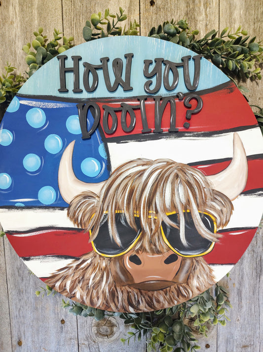 How you doin Jed the Patriot Highland Cow Door Hanger