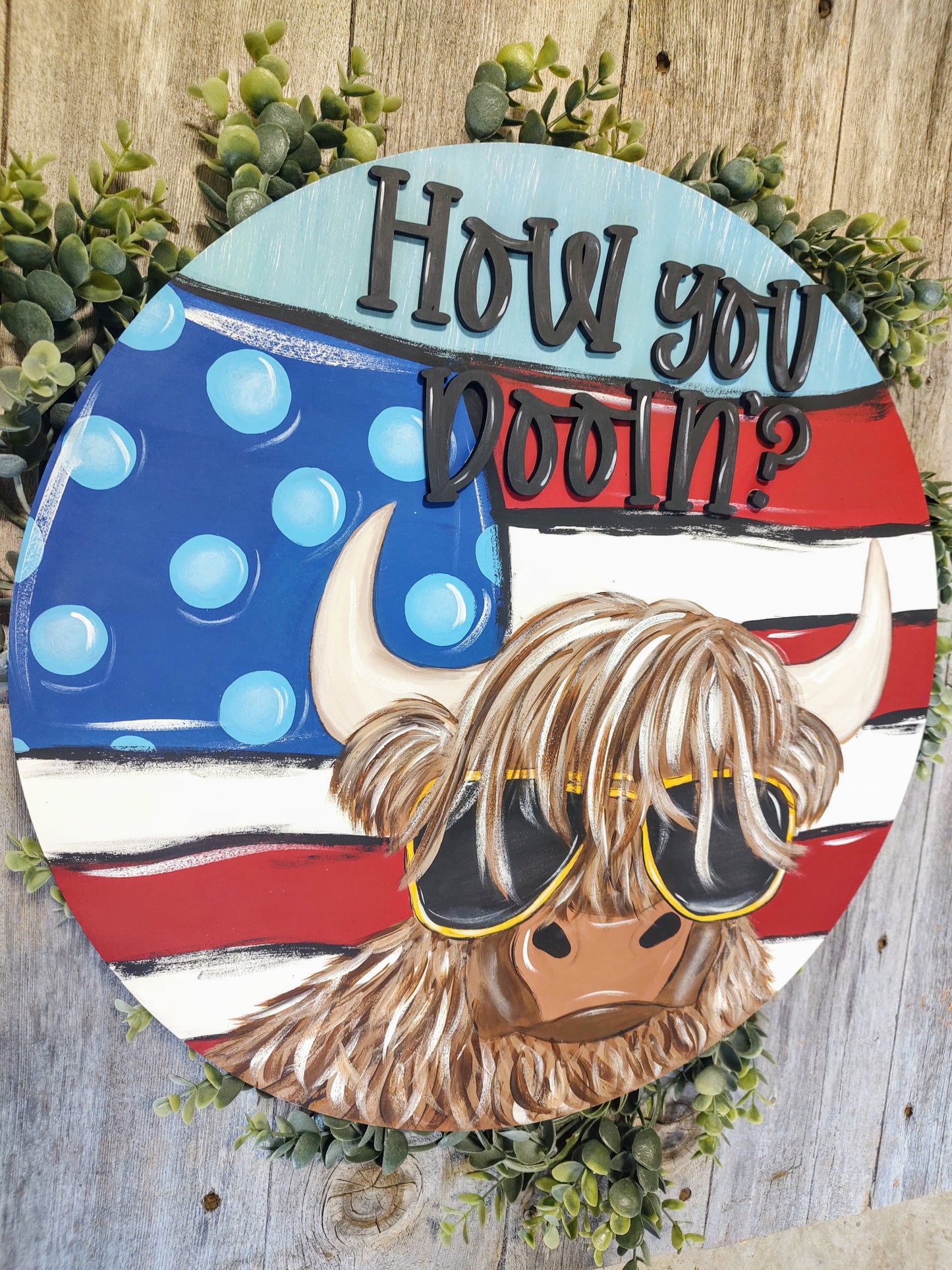 How you doin Jed the Patriot Highland Cow Door Hanger