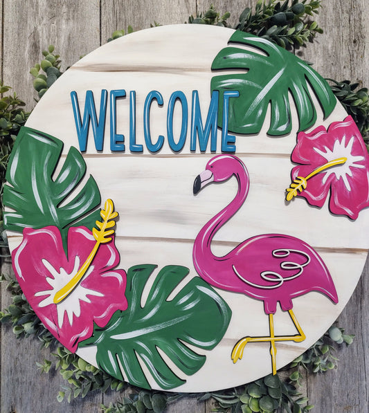 Beautiful Flamingo Door Hanger with White Wash Background