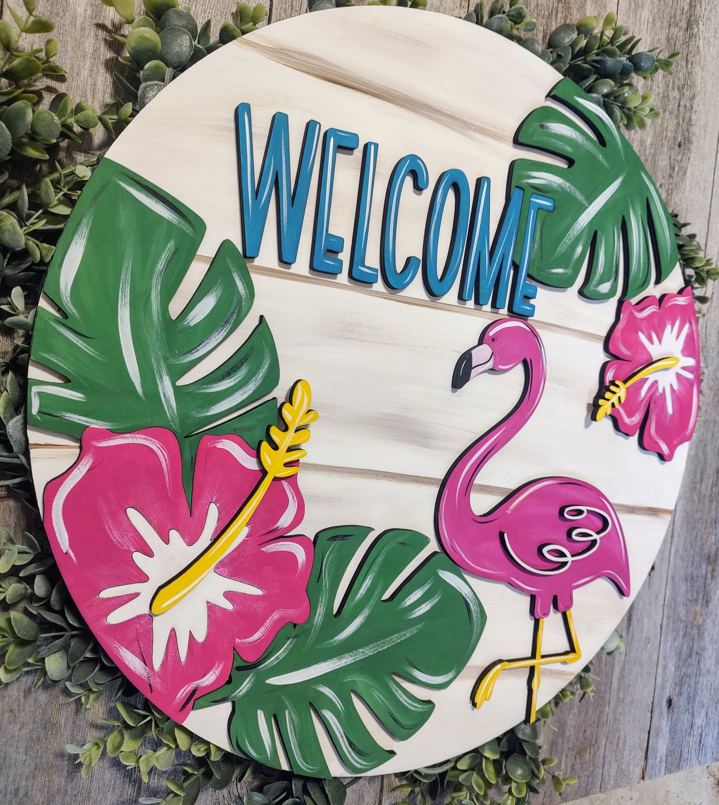 Beautiful Flamingo Door Hanger with White Wash Background