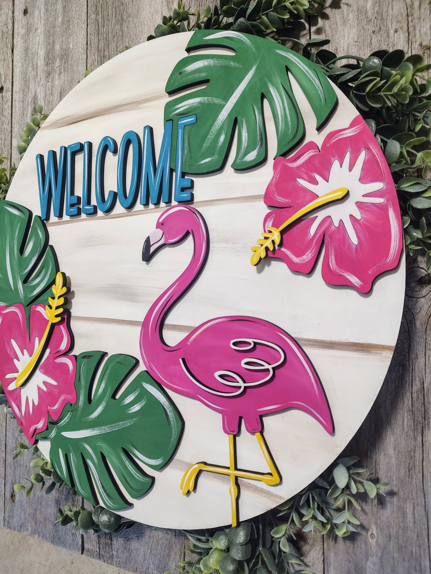 Beautiful Flamingo Door Hanger with White Wash Background