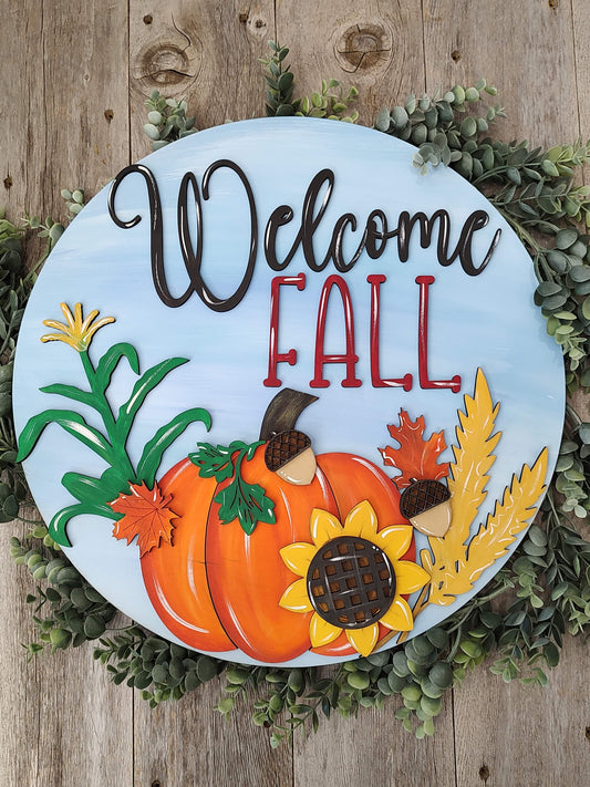 Welcome Fall Cornstalks and Pumpkins Door Hanger