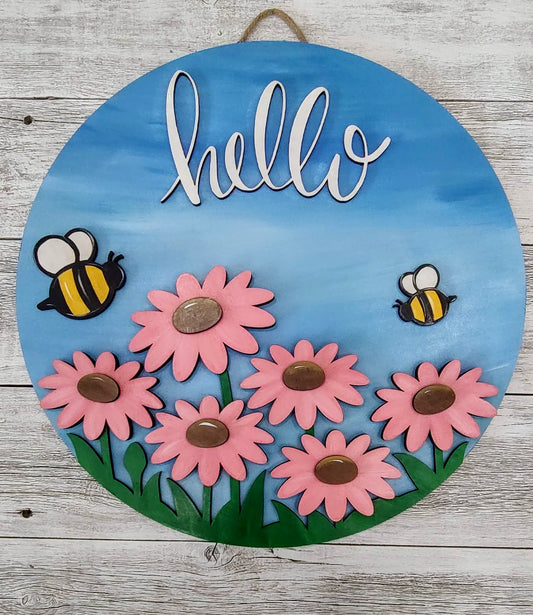 Hello Summer daisy bee door hanger. Colorful spring/summer welcome sign. Hand painted, unique flower door/wall decor.