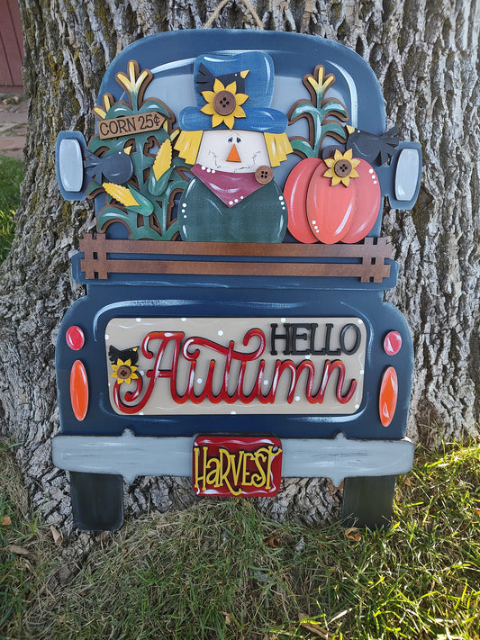Small Fall Scarecrow Laser Cut Wood Truck Insert - Leaning Against Tree – Interchangeable Fall Decor – Creations by Ranell