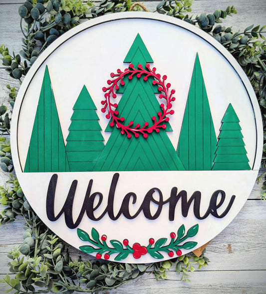 White and Holly Green Trees Christmas/Winter Door Hanger