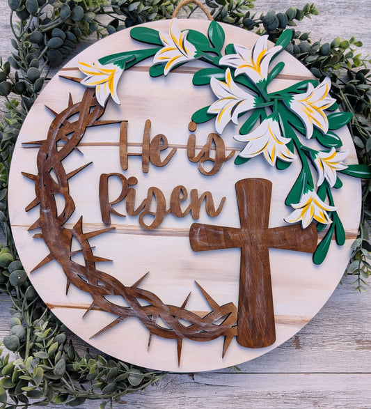 White and Stained He is Risen Easter Door Hanger