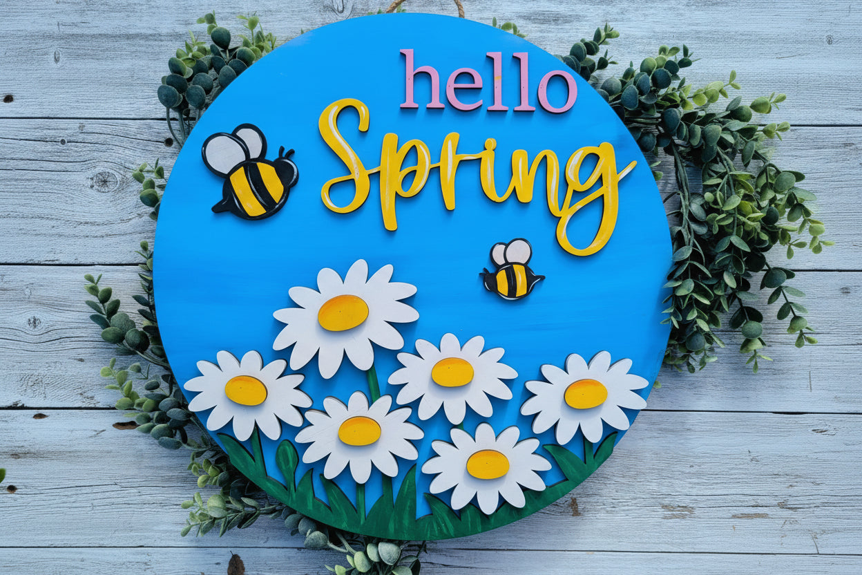 Hello Spring Daisy Bee Laser Cut Wood Door Hanger – Spring Home Decor – Creations by Ranell