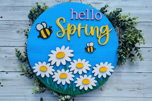 White Hello Spring Daisy Bee Spring Door Hanger
