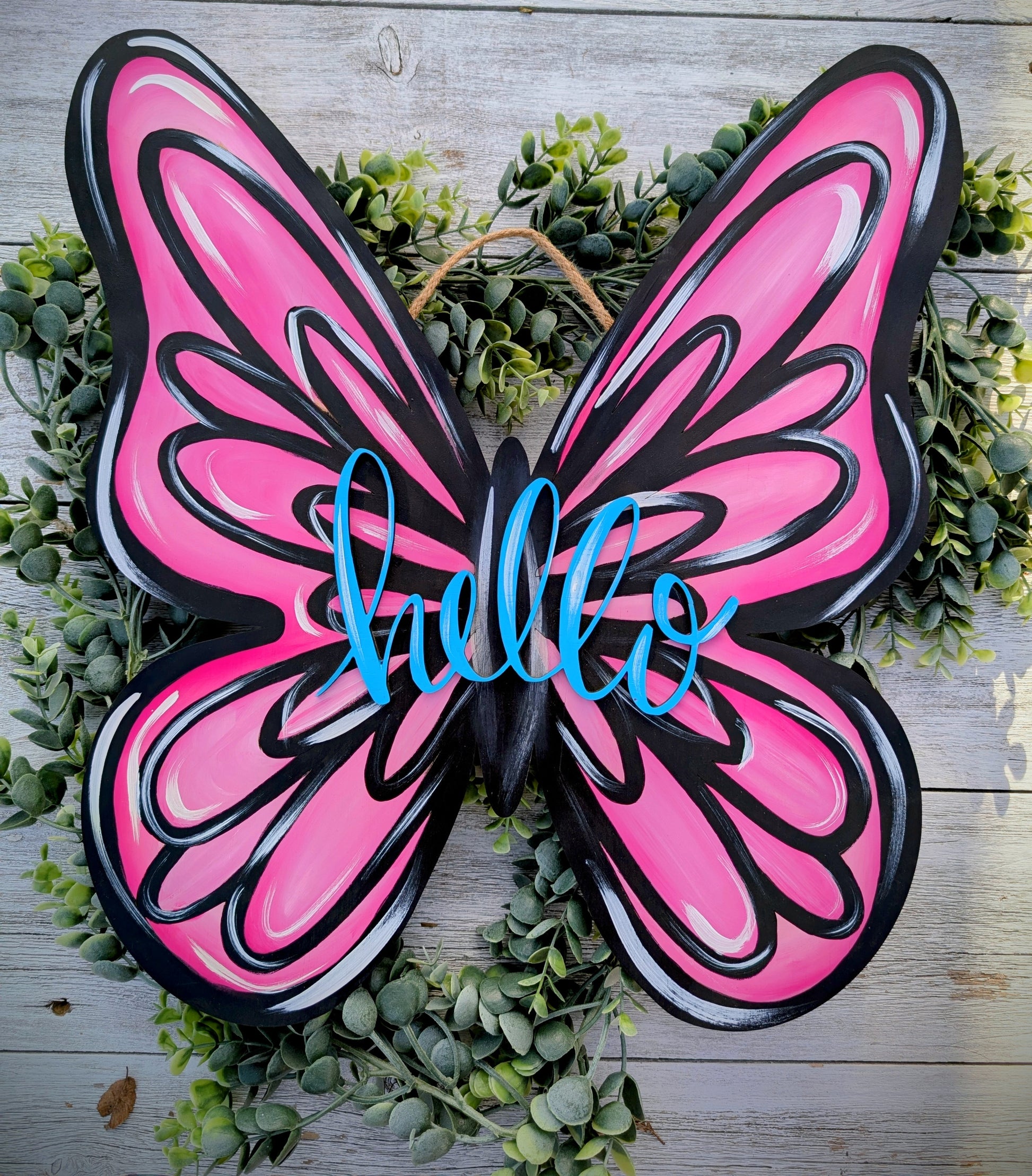 Butterfly Laser Cut Wood Door Hanger – Pink - Blue Hello -Spring Summer Home Decor – Creations by Ranell