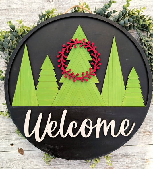 Black and Olive Green Trees Laser Cut Wood Christmas Door Hanger - Front View – Winter Holiday Decor – Creations by Ranell
