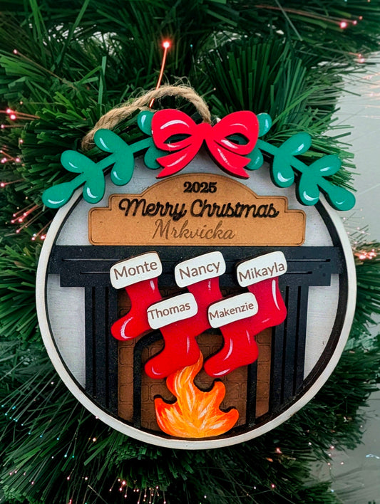 Personalized Family Christmas Ornament – Fireplace Stockings | 2–12 Names