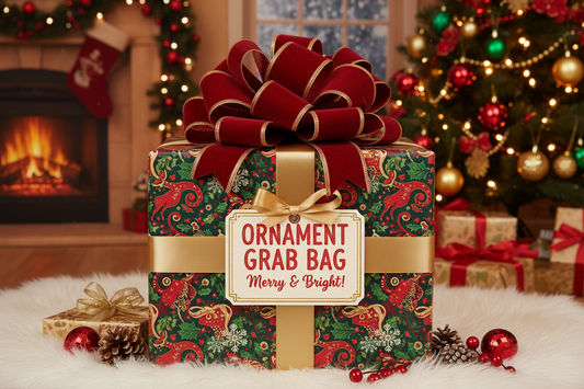 I would like a Christmas present with a big bow and the words Ornament Grab Bag 