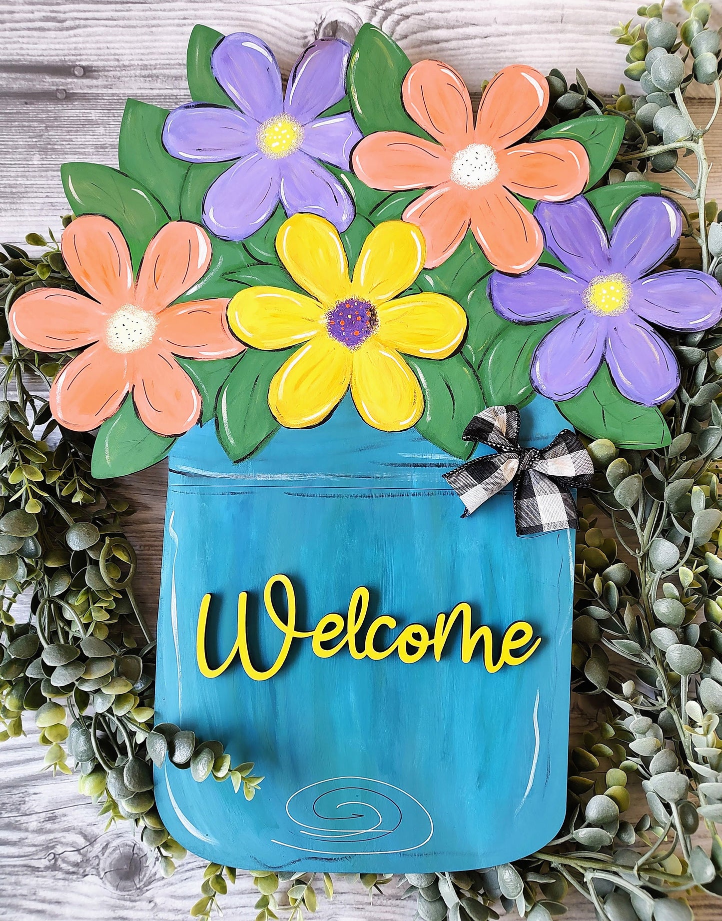 Bright flower spring/summer door hanger. Colorful jar of flowers. Bold flowers for indoor/outdoor. Unique, customizable, and hand painted.