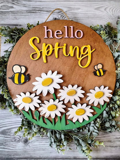 Hello Summer daisy bee door hanger. Colorful spring/summer welcome sign. Hand painted, unique flower door/wall decor.