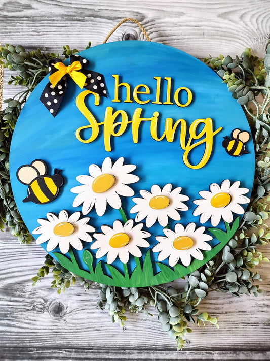 Hello Summer daisy bee door hanger. Colorful spring/summer welcome sign. Hand painted, unique flower door/wall decor.