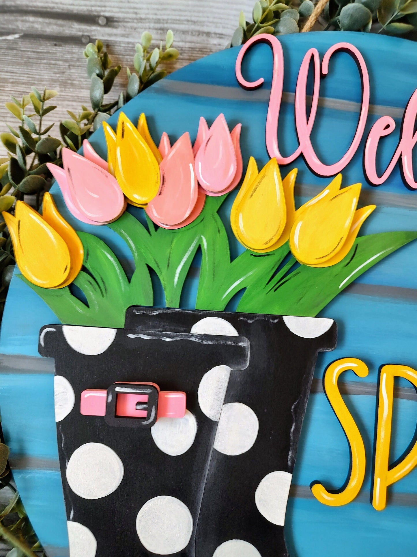 Rainboots and tulips spring wall/door hanger. Customized, one of a kind, hand painted door bright floral door hanger