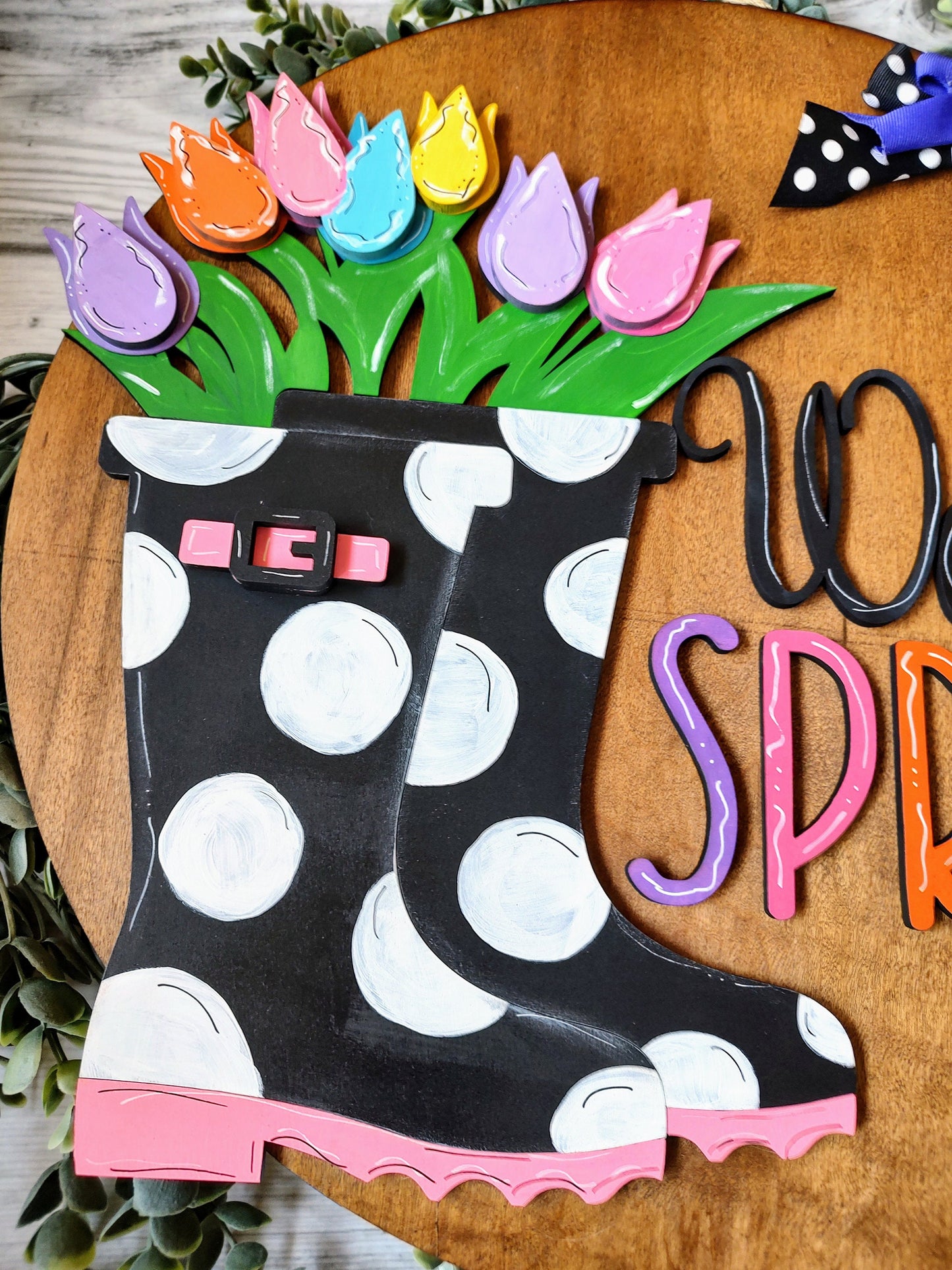 Rainboots and tulips spring wall/door hanger. Customized, one of a kind, hand painted door bright floral door hanger