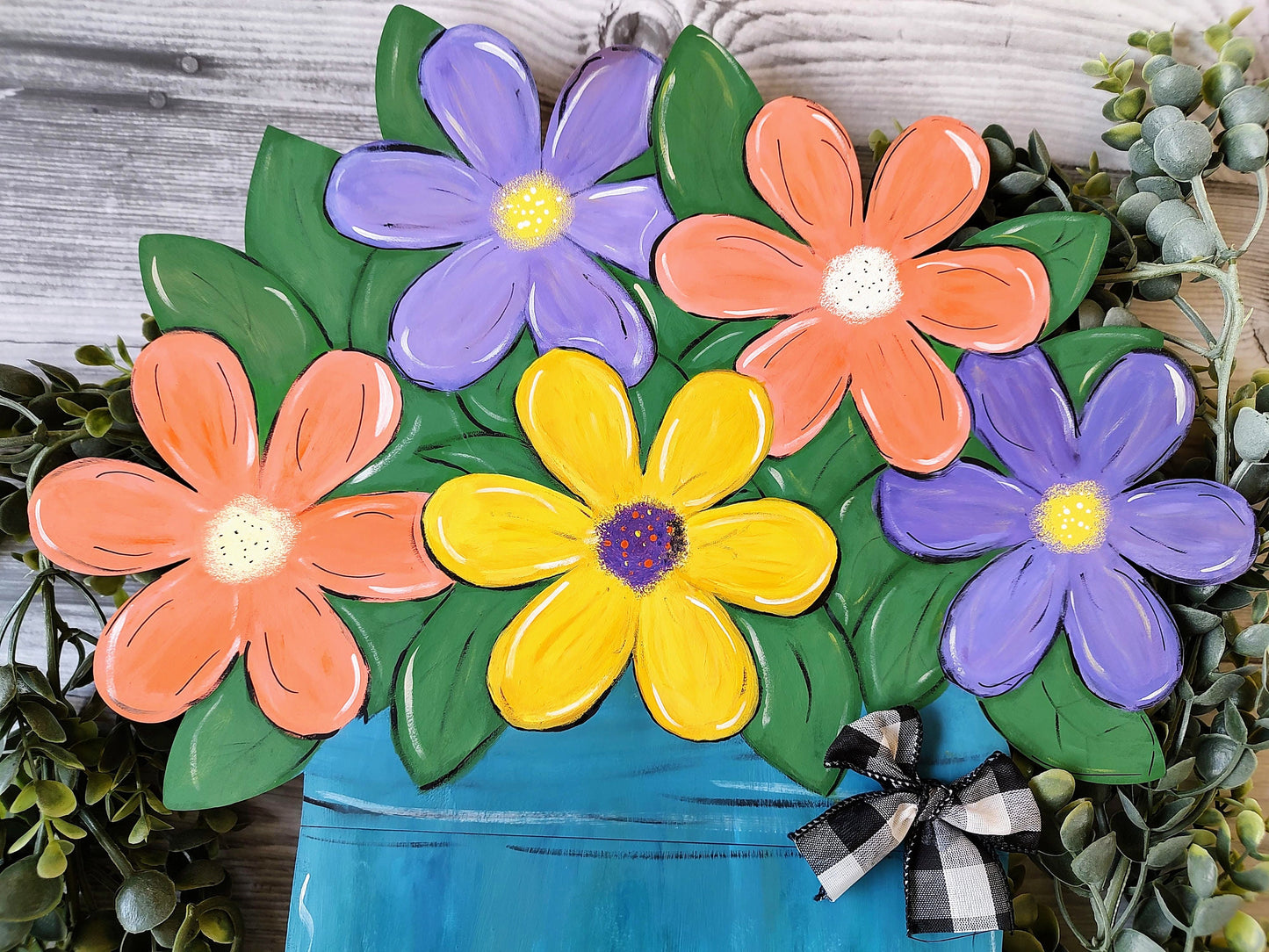 Bright flower spring/summer door hanger. Colorful jar of flowers. Bold flowers for indoor/outdoor. Unique, customizable, and hand painted.