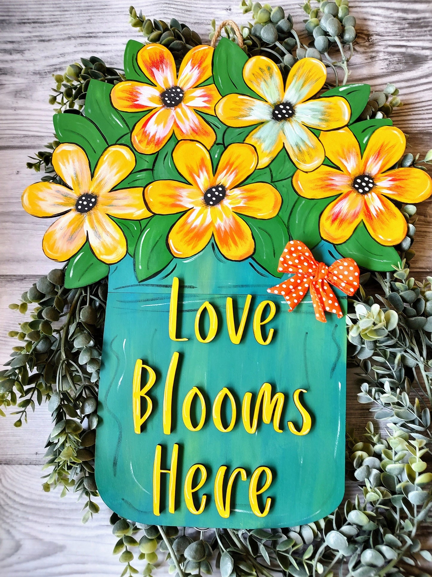 Bright flower spring/summer door hanger. Colorful jar of flowers. Bold flowers for indoor/outdoor. Unique, customizable, and hand painted.