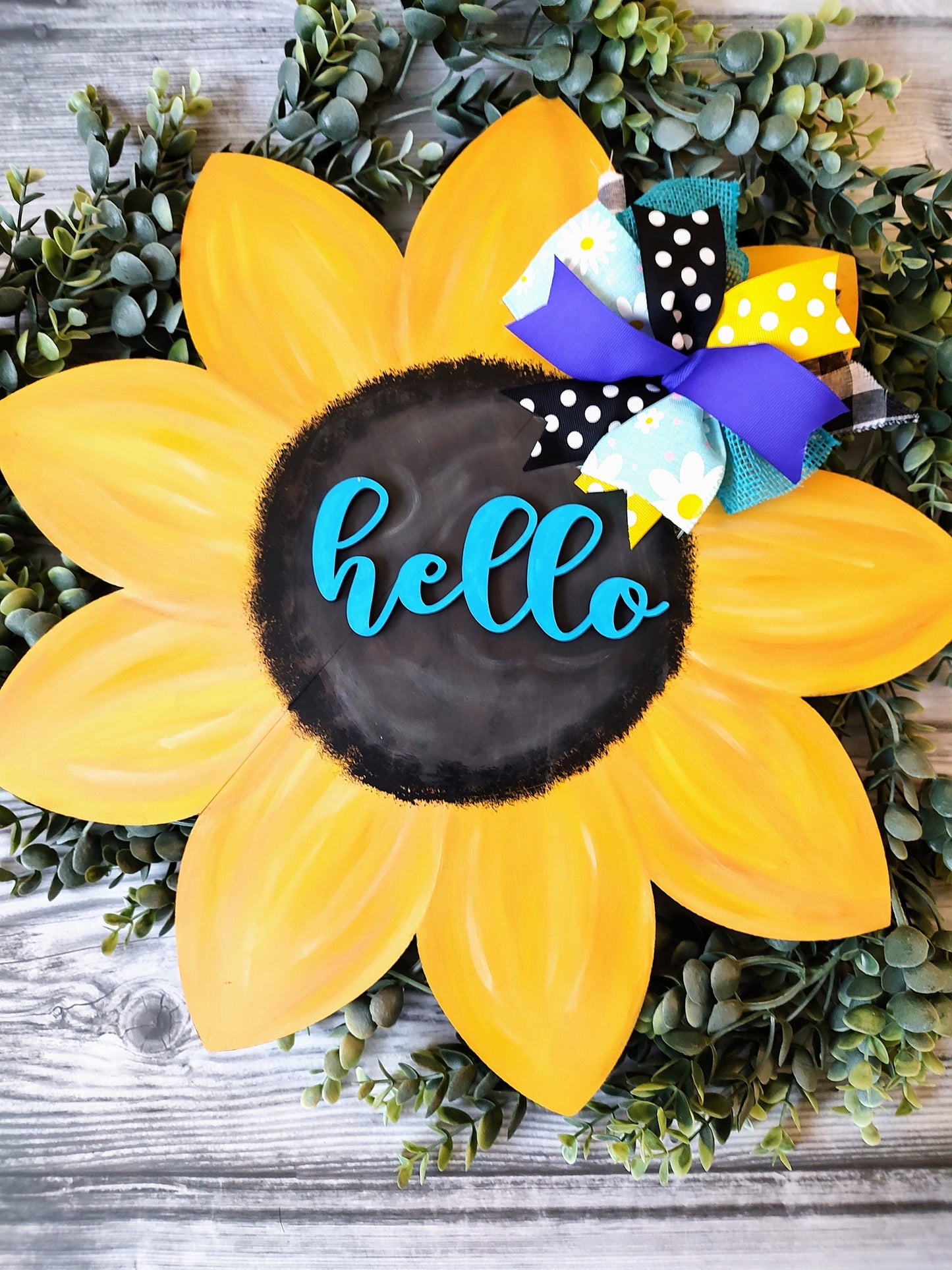 Sunflower shaped door hanger. Bright welcome sunflower. Sunflower door hanger with bow. Hand painted 3d sunflower wall hanger.