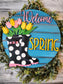 Rainboots and tulips spring wall/door hanger. Customized, one of a kind, hand painted door bright floral door hanger