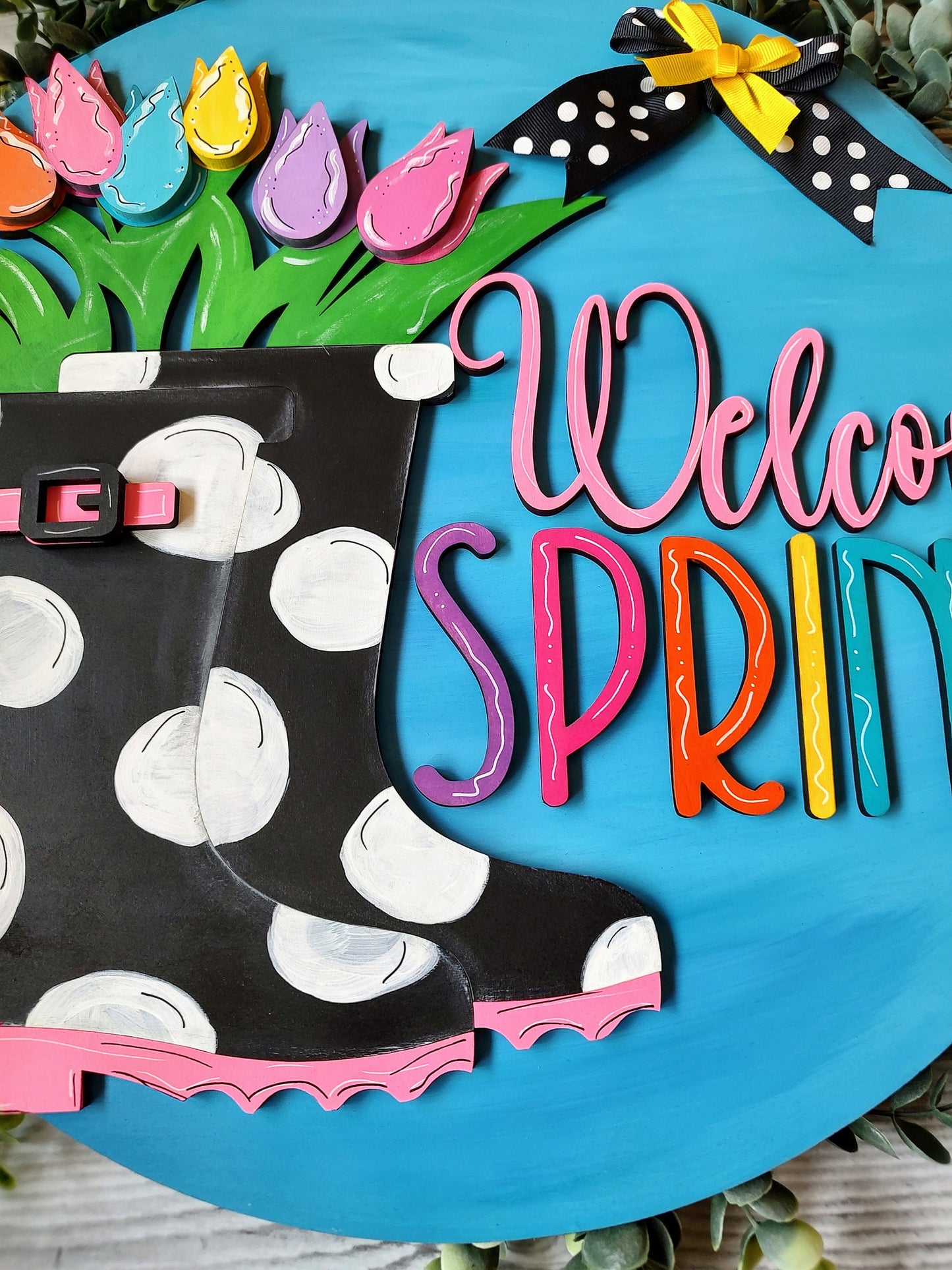 Rainboots and tulips spring wall/door hanger. Customized, one of a kind, hand painted door bright floral door hanger