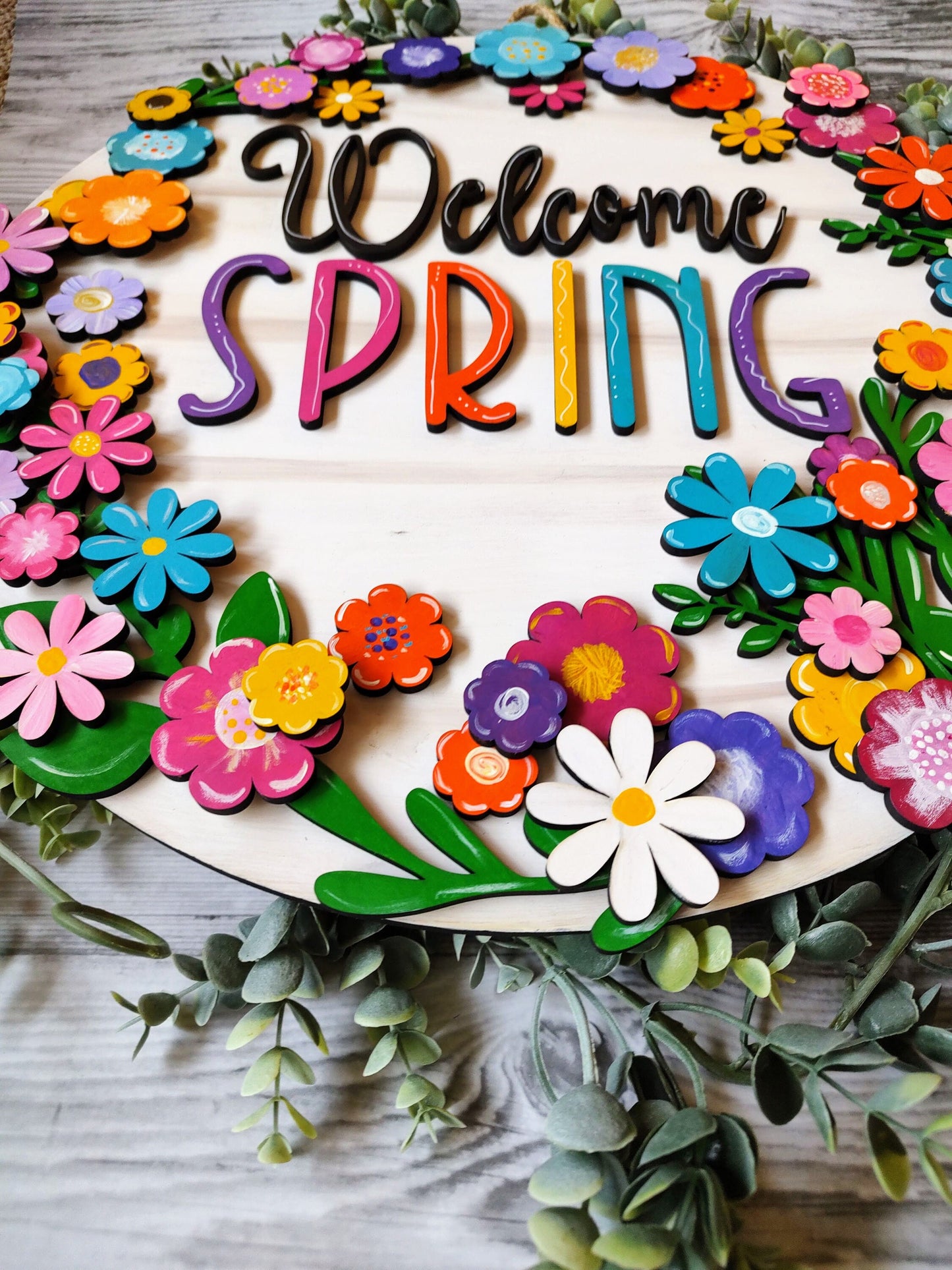 Bright 3D floral wreath welcome door hanger or wall sign.