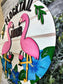 Vibrant hand painted, one of a kind Flocktail hour flamingo door hanger and sign