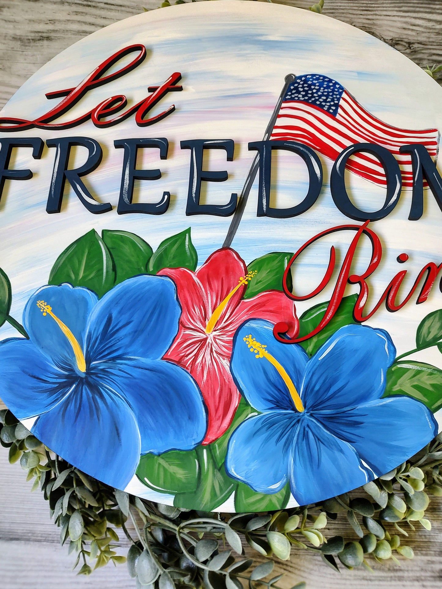 Independence day/ 4th of July "Let Freedom Ring" hand painted, unique, one of a kind door hanger/wall sign