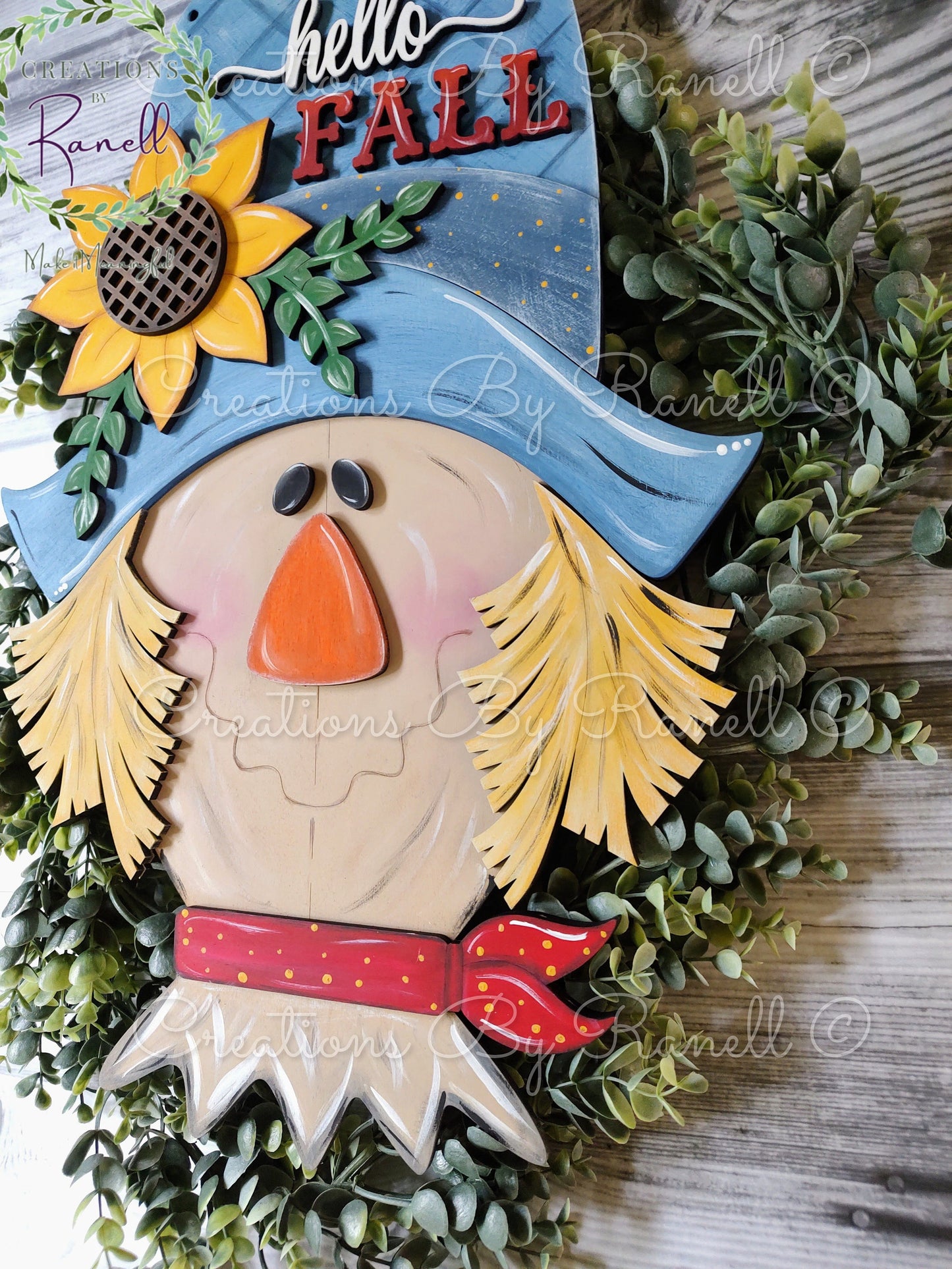 Super cute fall scarecrow door hanger. Hand-painted, one-of-a-kind welcome door hanger and wall sign. Would look great with a bow!